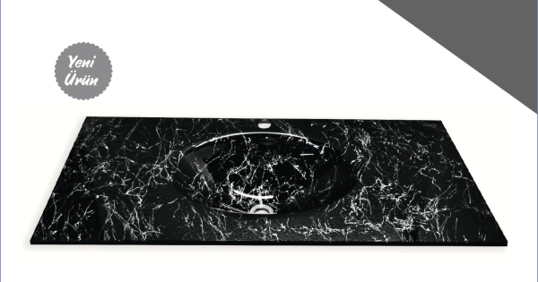 Cam Lavabo Mermer Desen Siyah Beyaz 100×56 cm ürün görseli