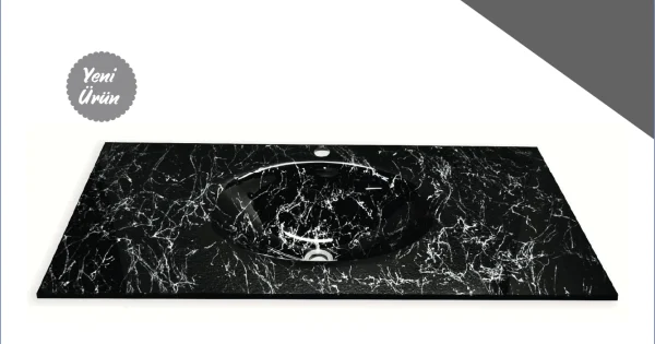 Cam Lavabo Mermer Desen Siyah Beyaz 100x56 cm ürün görseli