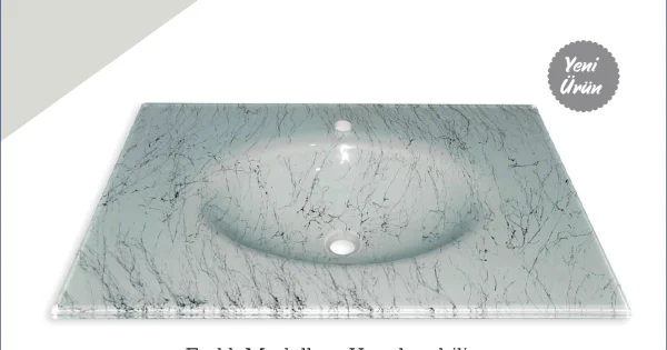 Cam Lavabo Mermer Desen Gümüş 100x56 cm ürün görseli
