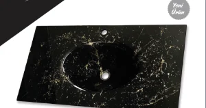 Cam Lavabo Mermer Desen Gold Siyah 100x56 cm ürün görseli