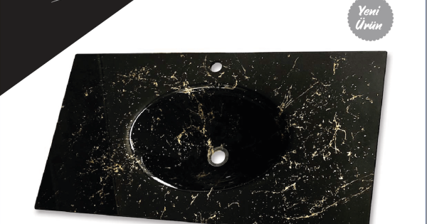 Cam Lavabo Mermer Desen Gold Siyah 100×56 cm ürün görseli
