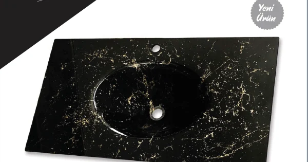 Cam Lavabo Mermer Desen Gold Siyah 100x56 cm ürün görseli