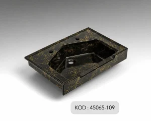 Oscar Köşeli Kuaför Seramik Lavabo Siyah Altın Damarlı