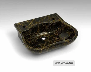 Oscar Oval Kuaför Seramik Lavabo Siyah Altın Damarlı